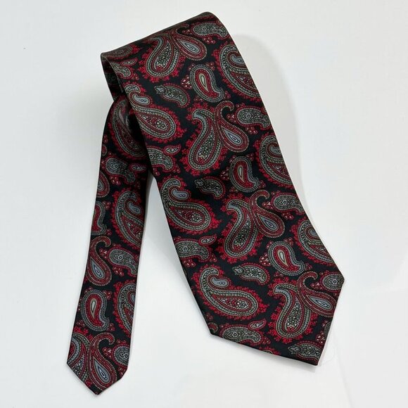 Silk Tie, Paisley Pattern in Black, Red and Grey - Picture 1 of 2